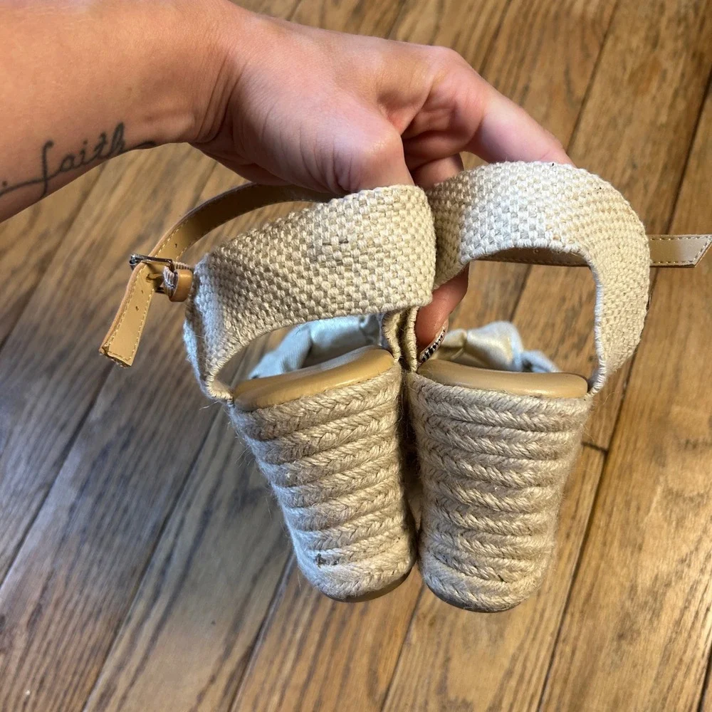 Nine West Jolly Cream Espadrille Wedge Sandals Knotted Bow Ankle Strap 9.5M
